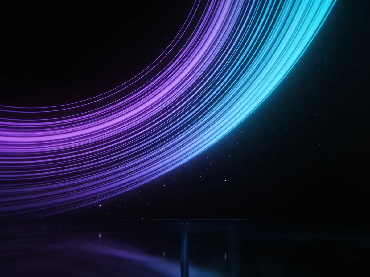 Abstract ascending arcs of violet and cyan light forming a rising growth curve on a dark background