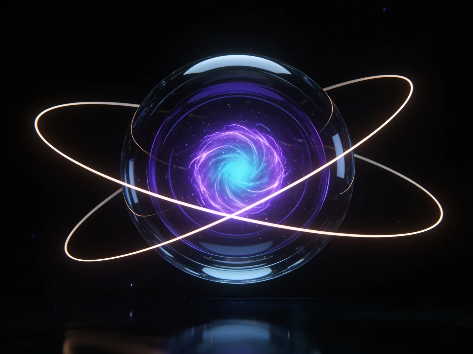 A luminous core of violet and cyan energy inside layered glass, encircled by orbiting rings of light — the Guidefyy One Stop Solution